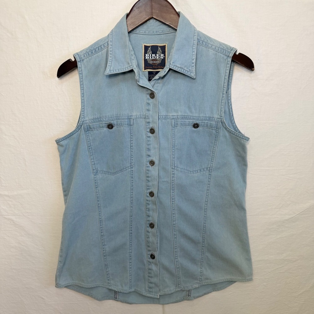 Y2K‎ Harley Davidson Denim Vest Biker Blues Womens M Sleeveless Button Shirt